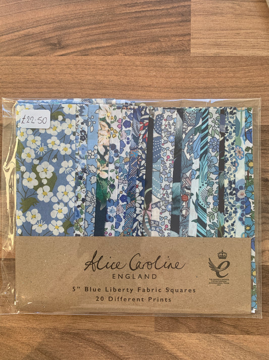 Alice Caroline 5" Liberty Fabric Squares - 20 Assorted blues and designs - Blues